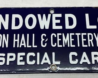 12×5 Porcelain Sign for ‘Endowed Lot, Merion Hall & Cemetery Assn.’