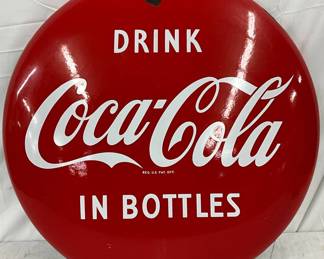 Porcelain Coca-Cola Button Sign, 24-Inch, ‘Drink Coca-Cola in Bottles’