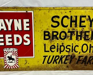 Wayne Feeds Metal Advertising Sign for Schey Brothers Turkey Farm 36x17 1/2in.