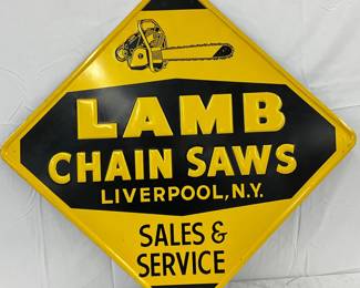Embossed Metal ‘Lamb Chain Saws’ Sales and Service Sign, 32 1/2 Inches
