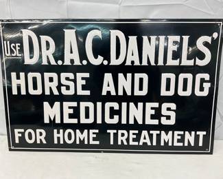 Embossed Metal Dr. A.C. Daniels Horse and Dog Medicine Advertising Sign, 28×17.5 Inches