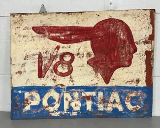 Early Pontiac Hand-Painted V8 Metal Sign, 48 x 36 inches