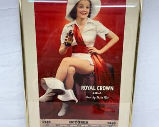 1940 Royal Crown Cola Advertising Calendar in Gold-Tone Frame