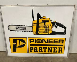 58 x 46.5 Pioneer Partner Chainsaw Emb. Metal Sign with Wooden Frame Back
