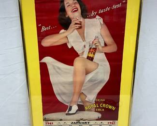 Framed 1941 Royal Crown Cola Calendar with Yellow Matting