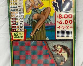 Vintage Punch Board with Pin-Up Graphics and Jackpot Display, 12×18 Inches