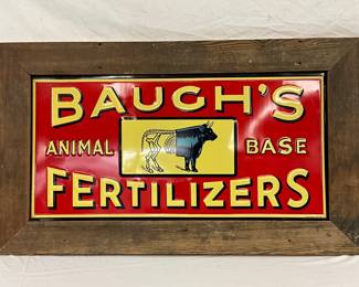 Embossed Baugh’s Animal Base Fertilizers Advertising Sign in Wooden Frame 36x17in.