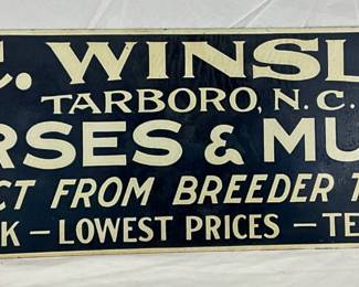 Metal Advertising Sign for E.C. Winslow Horses & Mules, Tarboro, N.C., 22in x 6 1/2in