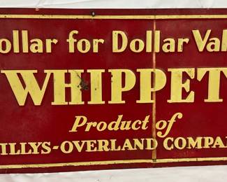 Early Willys-Overland Company ‘Whippet’ Advertising Sign, 22 1/2 x 12 Inches