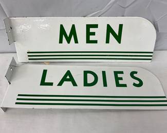 Double-Sided Porcelain ‘Men’ and ‘Ladies’ Bathroom Flange Signs, 15×5 Inches