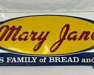 1967 84x24 Mary Jane Emb. Metal Bread and Rolls Advertising Sign, Lynchburg, VA