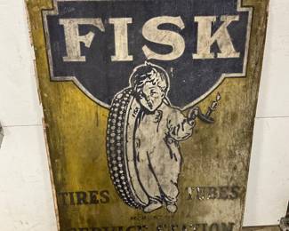 Early Smaltz Wooden Fisk Tire Service Sign, 29 1/2 x 40 1/2in.