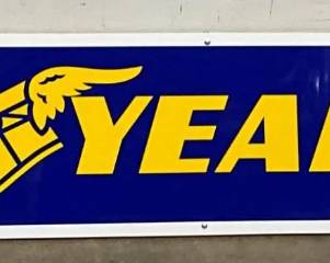 96×14 Goodyear Tires Metal Sign with Wood Frame Back