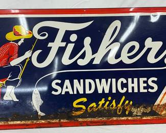 Metal ‘Fishers Sandwiches Satisfy’ Advertising Sign, 48 x 24 Inches