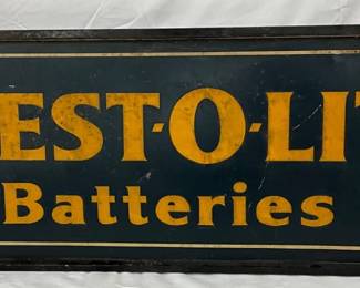 Early Presto-Lite Batteries Metal Sign with Wooden Frame 42 1/2 x 14 1/2