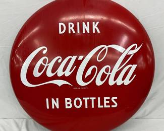 36-Inch Porcelain Coca-Cola Button Sign, ‘Drink Coca-Cola in Bottles’