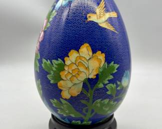 Asian-Style Blue Cloisonné-Look Egg on Black Stand