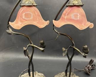 Vintage Pair Art Deco Pink Tulip Shade Lamps