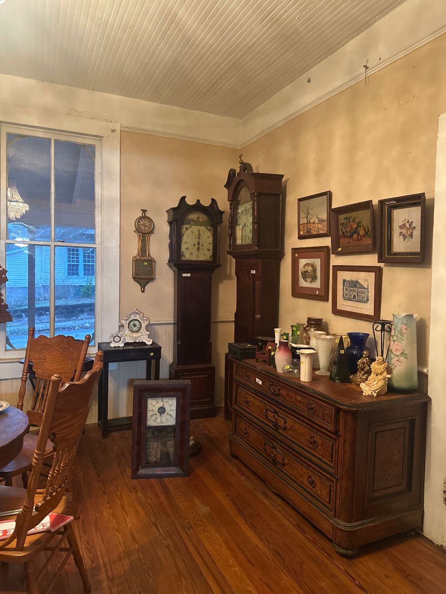 Grandfather’s clock, pictures frames, vases
