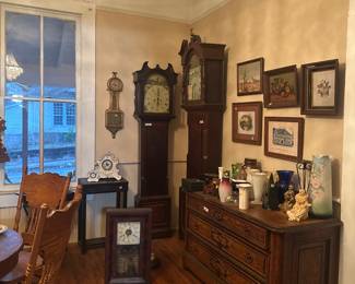 Grandfather’s clock, pictures frames, vases