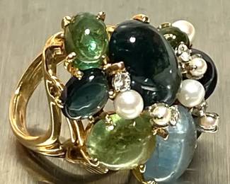 Lovely Ladies 14K YG Mixed Gemstone Cluster Ring