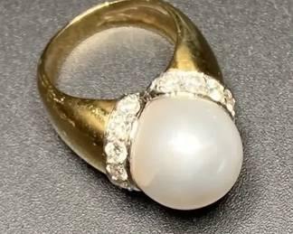 Diamond Pearl 18k Yellow GOld Plat Statement Ring