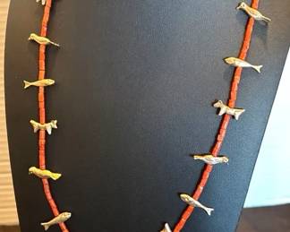 Vintage Native American Coral Gold Fetish Necklace