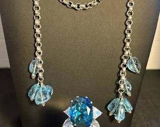 925 Beautiful Silver, CZ, Bluestone Ring Wrap Necklace