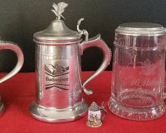 2 Pewter Steins, 40 Million Barrels Pewter Lidded Stein, Minature Stein Paper Weight