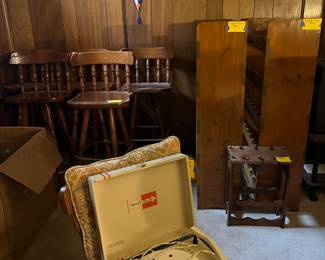 Bar stools, wine racks, record player