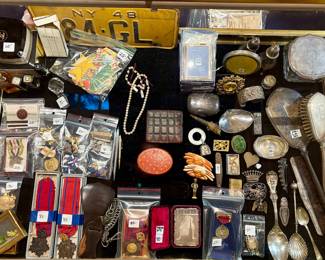 Frances The First Sterling serving spoon, small grouping of sterling silver, Military and civil service medals