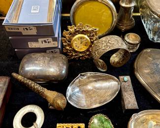 bronze bird, various Sterling pieces, MMA gold tone costume pin, also a MMA gold tone table clock