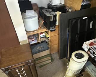Assorted small kitchen appliances, Jewelry cabinet, air filter/fan.