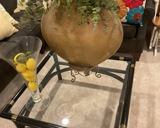 Black Lacquer Bamboo Coffee Table. Also showing a very large Brass Vase