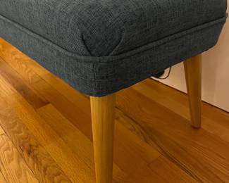 R44 - $40. Blue Bench. Measures 38" x 15.5" x 15.5" tall. Wooden Legs and upholstered top. Sturdy and in very good condition!