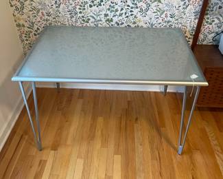 R50 - $95. IKEA Vika Lauri Frosted glass desk with hairpin legs. Legs can be removed for transport if needed. Measures 46" x 30.5" x 29" tall.