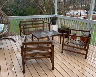 R57 - $125. Safavieh Patio Set. Bench, 2 Chairs & Coffee Table. We do have the cushions they were just being stored to keep dry for you! Good condition with lots of life left.