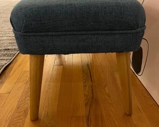 R44 - $40. Blue Bench. Measures 38" x 15.5" x 15.5" tall. Wooden Legs and upholstered top. Sturdy and in very good condition!