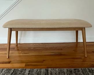 R14 - $40. Upholstered Bench. Wooden Frame. Sturdy just a bit of wear on the top. Measures 42" wide x 16.5" deep x 17" tall.