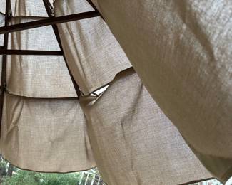 R58 - $450. Crate & Barrel Alfresco Patio Table with 5 Chairs and Bench. Includes Proshade 3 Tier Patio Umbrella with stand. Measures 79" long x 35.5" wide x 29.5" tall. The hole was made a bit bigger for the new umbrella by the owners. See photo.