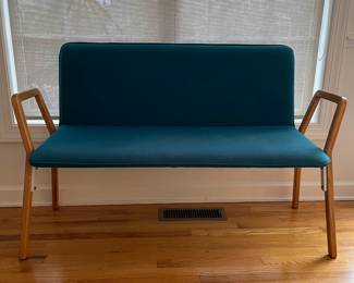 R13 - $175. Upholstered Bench. Measures 52" wide x 19.5" deep x 33.5" tall. Very sturdy and solid - seat has some minor staining / wear see photos.