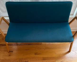 R13 - $175. Upholstered Bench. Measures 52" wide x 19.5" deep x 33.5" tall. Very sturdy and solid - seat has some minor staining / wear see photos.