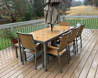 R58 - $450. Crate & Barrel Alfresco Patio Table with 5 Chairs and Bench. Includes Proshade 3 Tier Patio Umbrella with stand. Measures 79" long x 35.5" wide x 29.5" tall. The hole was made a bit bigger for the new umbrella by the owners. See photo.