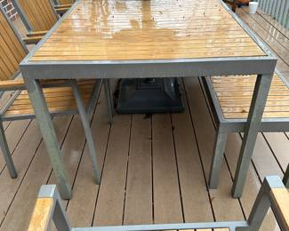 R58 - $450. Crate & Barrel Alfresco Patio Table with 5 Chairs and Bench. Includes Proshade 3 Tier Patio Umbrella with stand. Measures 79" long x 35.5" wide x 29.5" tall. The hole was made a bit bigger for the new umbrella by the owners. See photo.