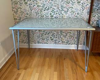 R50 - $95. IKEA Vika Lauri Frosted glass desk with hairpin legs. Legs can be removed for transport if needed. Measures 46" x 30.5" x 29" tall.