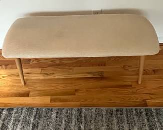 R14 - $40. Upholstered Bench. Wooden Frame. Sturdy just a bit of wear on the top. Measures 42" wide x 16.5" deep x 17" tall.