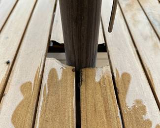 R58 - $450. Crate & Barrel Alfresco Patio Table with 5 Chairs and Bench. Includes Proshade 3 Tier Patio Umbrella with stand. Measures 79" long x 35.5" wide x 29.5" tall. The hole was made a bit bigger for the new umbrella by the owners. See photo.