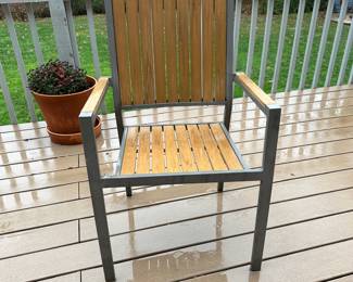 R58 - $450. Crate & Barrel Alfresco Patio Table with 5 Chairs and Bench. Includes Proshade 3 Tier Patio Umbrella with stand. Measures 79" long x 35.5" wide x 29.5" tall. The hole was made a bit bigger for the new umbrella by the owners. See photo.