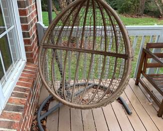 R60 - $100. Hanging Egg Chair with stand. (Cushion is usually stored and accidentally got left out last night!) Stand has a small amount of surface rust but it's still very sturdy.