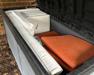 R58 - $450. Crate & Barrel Alfresco Patio Table with 5 Chairs and Bench. Includes Proshade 3 Tier Patio Umbrella with stand. Measures 79" long x 35.5" wide x 29.5" tall. The hole was made a bit bigger for the new umbrella by the owners. See photo.